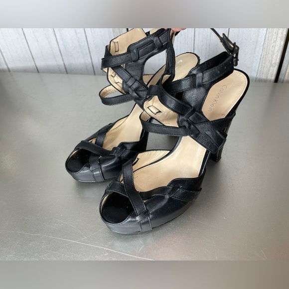 Calvin Klein Black Strappy Heels Leather Open Toe Size 9 - Picture 4 of 7